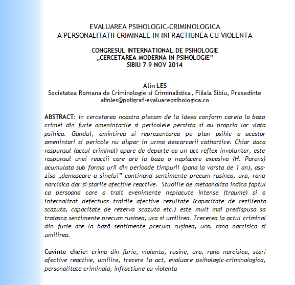 Congres International Psihologie Sibiu 2014, Alin Les, psiholog, expert criminolog, expertiza psiho-criminologica a personaltatii criminale in crima cu furie